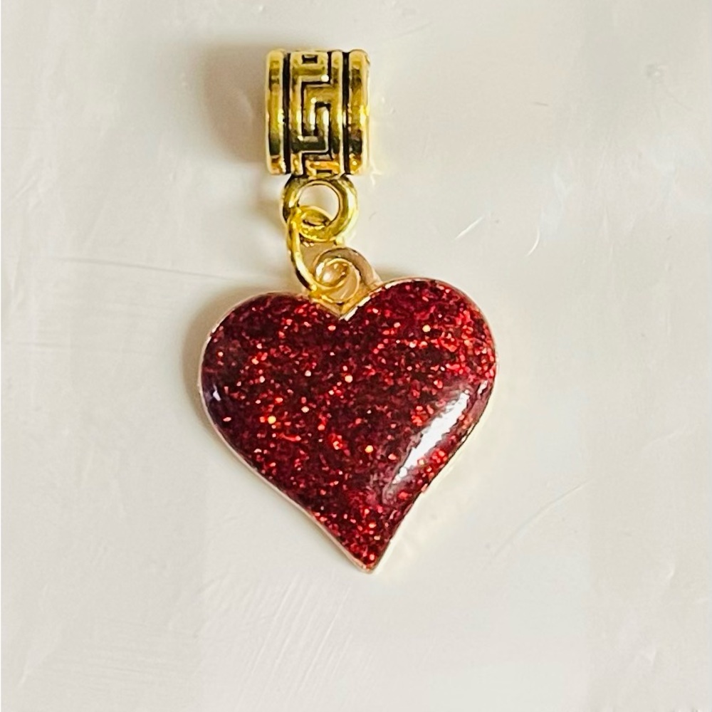 Red glittery heart European Pandora style bracelet or necklace charm
